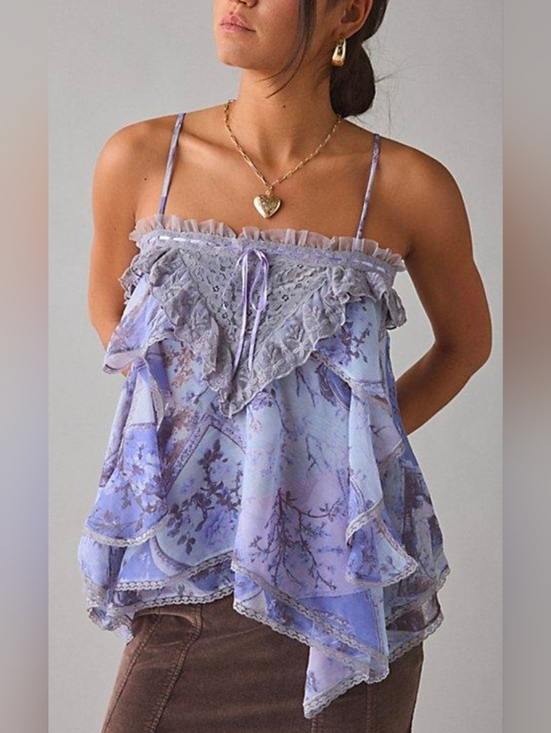 Kimchi Blue Tops - Kimchi Blue Boho Lace Trim Floral Ruffle Camisole